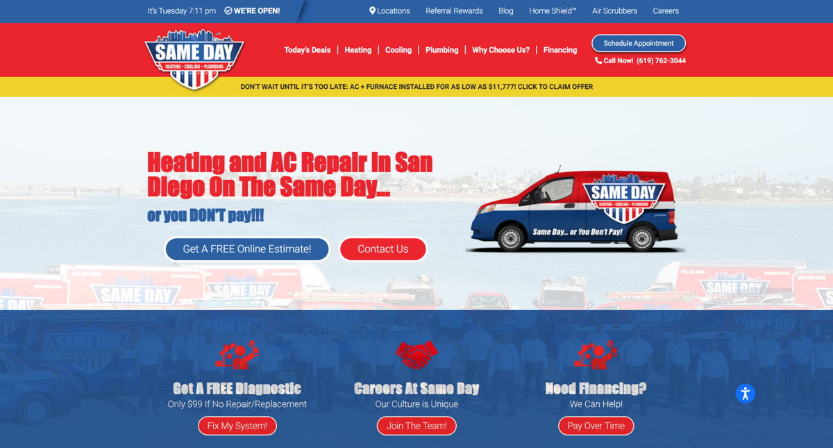 Screenshot of Same Day Heating & Air Conditioning, from the website hero section designs collection.