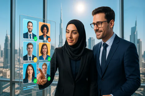 Two professionals, a woman in hijab and a man, reviewing job candidate profiles on a futuristic transparent screen with a city skyline background.
