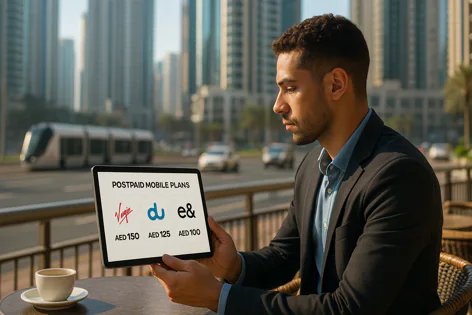 Man views postpaid mobile plans from Virgin, du, and e& on a tablet outdoors with a city background. The screen displays prices for each plan.