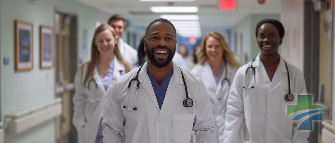 Healthcare team sharing a moment of camaraderie in hospital corridor.