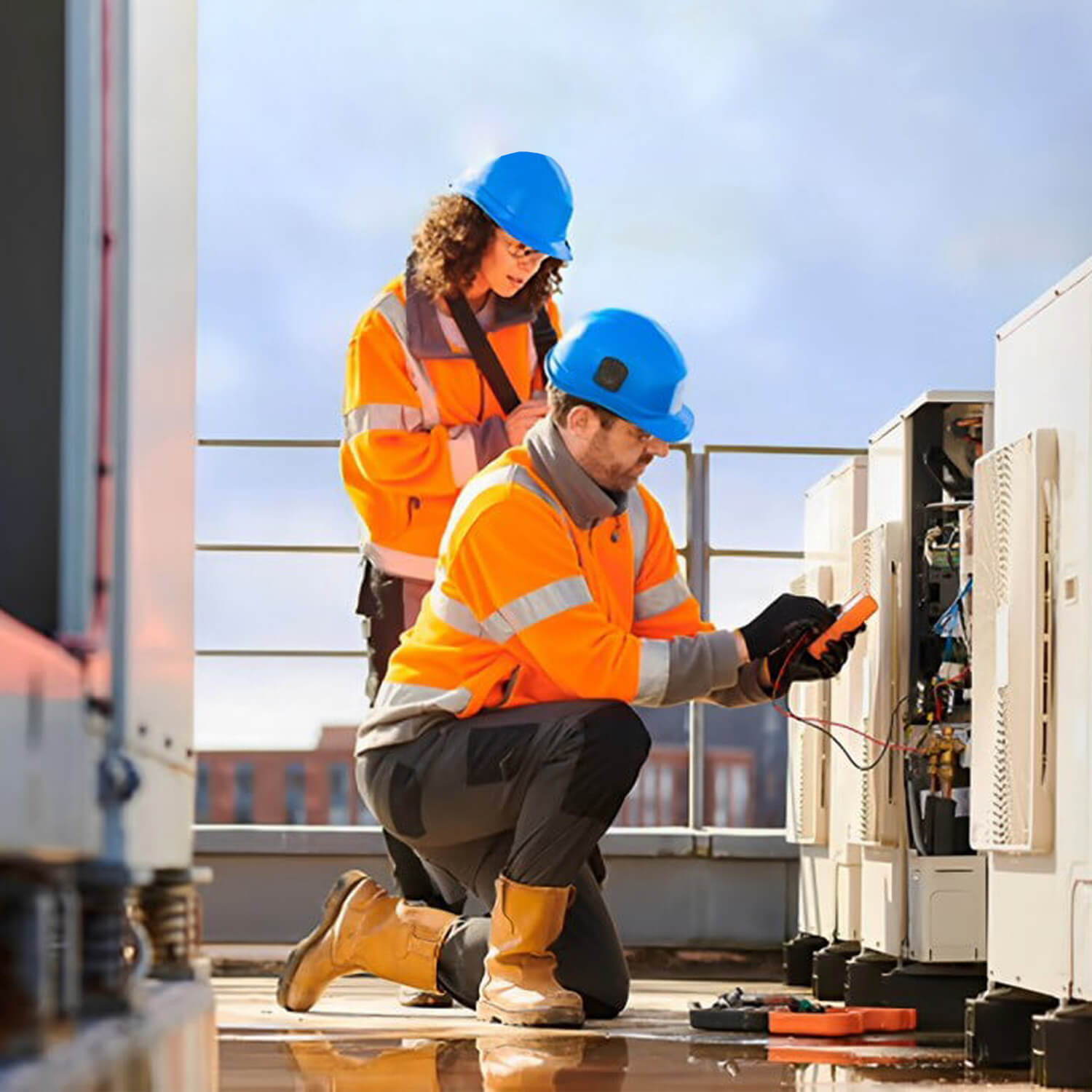 Two hard services engineers repairing or testing an external fan of a building.