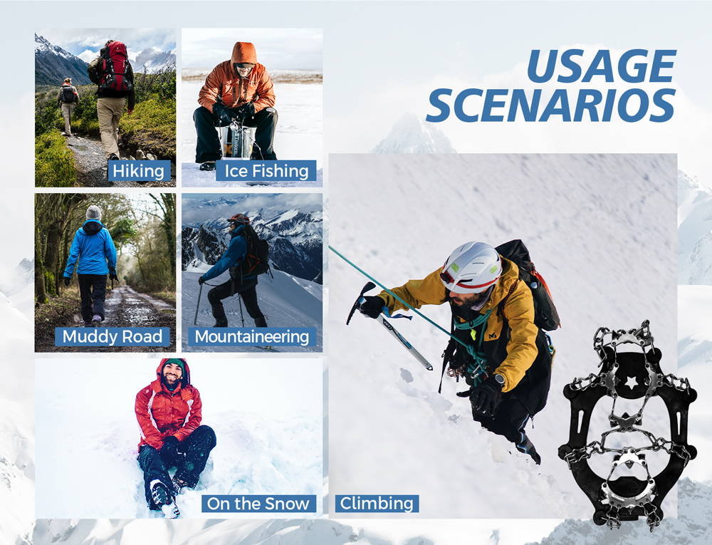 Funwater crampons are versatile and ideal for diverse outdoor activities like ice climbing, mountaineering and snowshoeing
