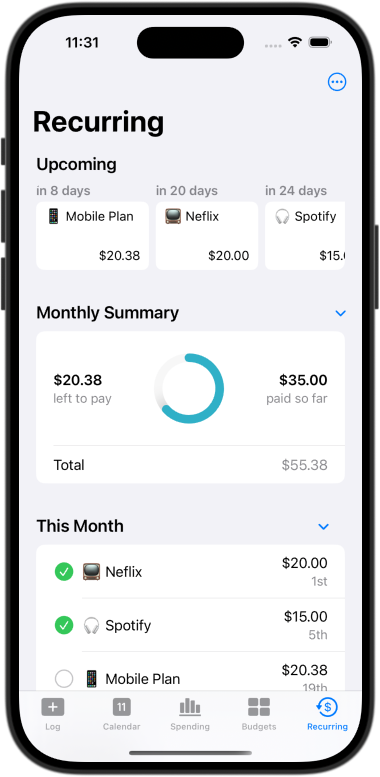 Screenshot of recurring expenses summary in CashJot