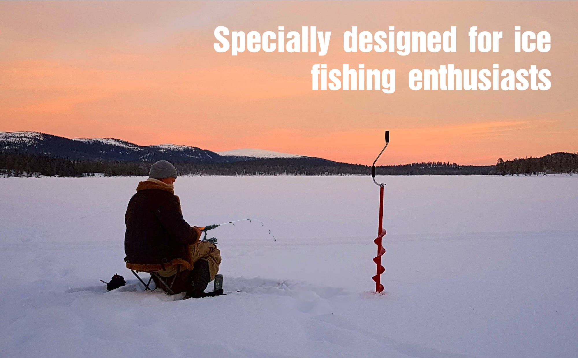 A man fishes on a frozen lake using a Tuxedo Sailor intermediate ice fishing rod.
