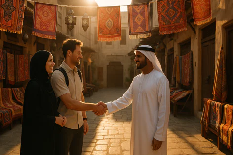 Emirati man shakes hands with a male tourist accompanied by a woman in hijab in a traditional market street with hanging rugs and lanterns.