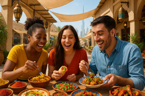 A joyful diverse group of three friends shares a Middle Eastern meal outdoors in Dubai, with dishes like hummus and falafel visible and the Burj Khalifa in the background.