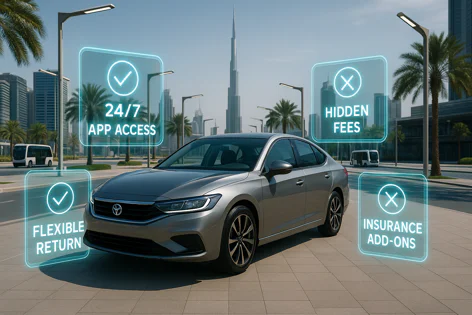 Silver car in Dubai with graphic text: 24/7 app access, flexible return, no hidden fees, no insurance add-ons.