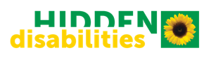 Text logo reading HIDDEN disabilities with HIDDEN in green and disabilities in yellow. At the end, there is a sunflower graphic inside a green square.