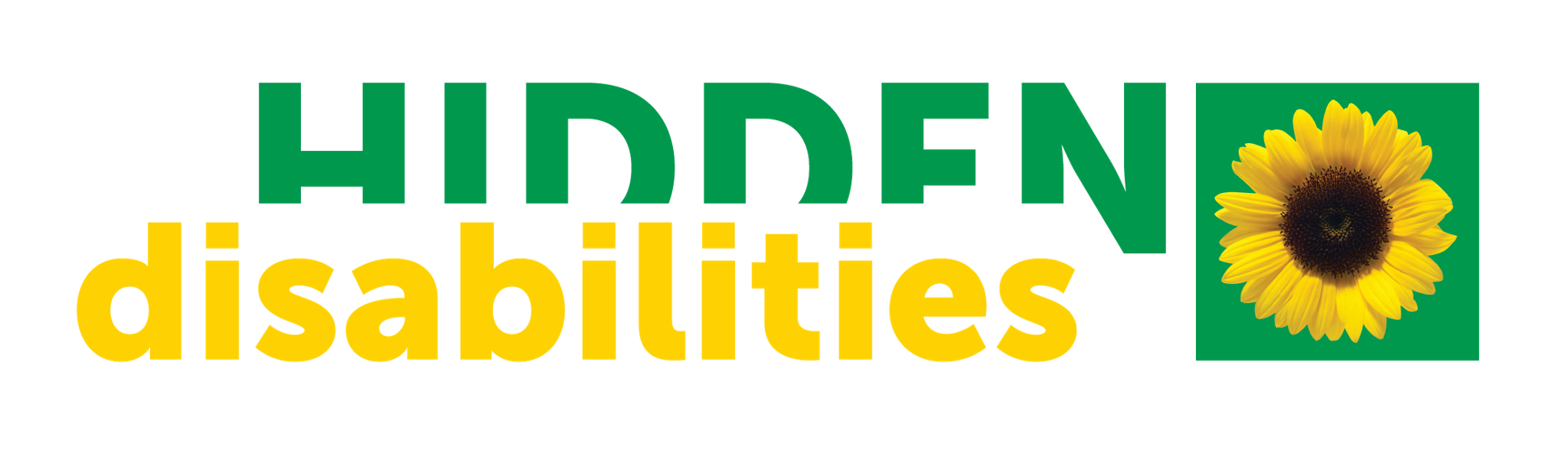 Text logo reading HIDDEN disabilities with HIDDEN in green and disabilities in yellow. At the end, there is a sunflower graphic inside a green square.
