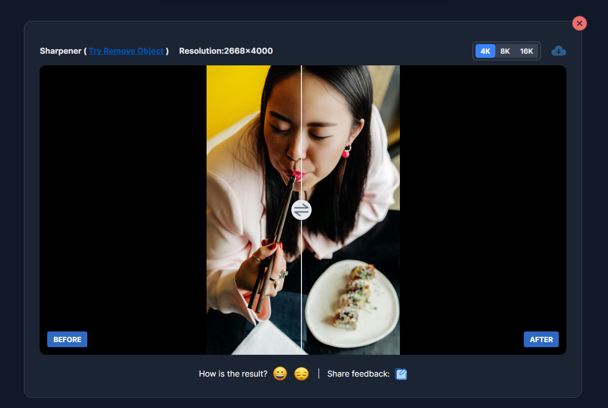 An online AI sharpening tool smooths an image instead of sharpening
