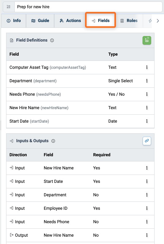 Fields tab of a Procedure with the Field Definitions and Inputs & Outputs panels