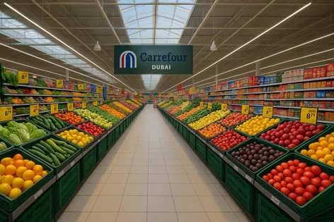 Aisle view in a Carrefour Dubai supermarket showing long rows of colorful fresh fruits and vegetables displayed in green bins under bright lighting.