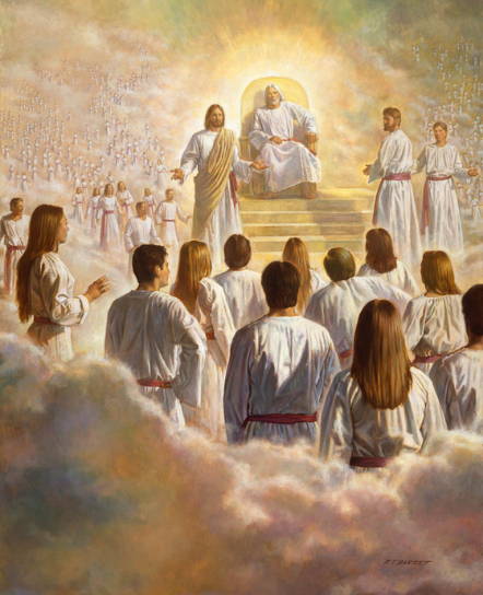Painting of spirits gathered around the throne of God in a coucil. 