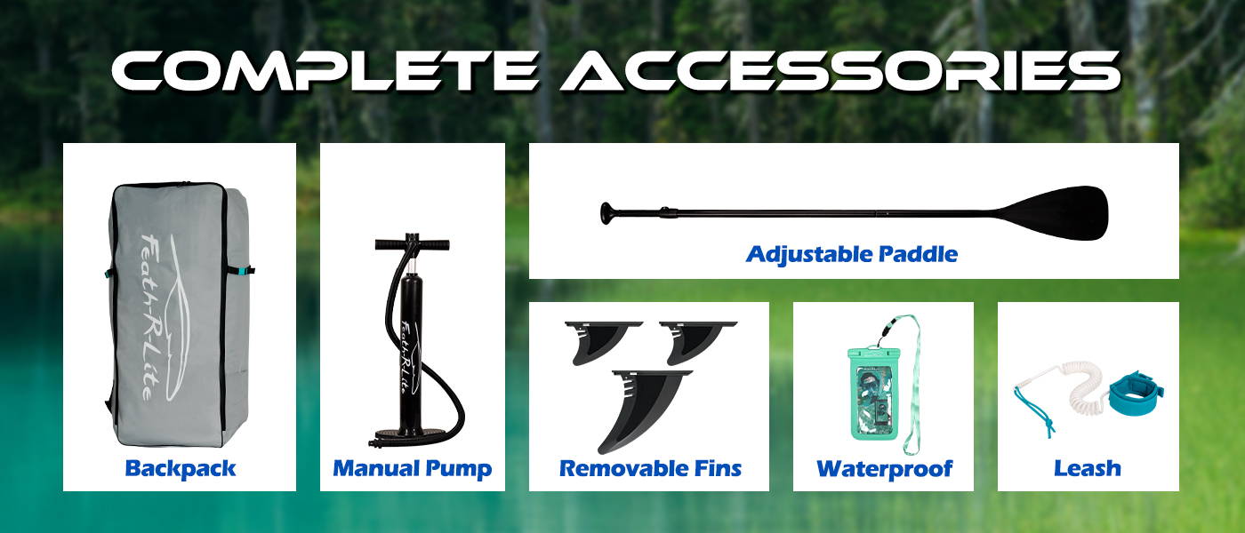 Blow up paddle board comes with complete accessories: backpack, manual pump, removable fins, waterproof phone pouch, leash, paddle