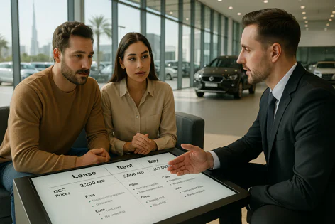 A couple discusses car lease, rent, and buy options with a salesman looking at a comparison screen in a modern car dealership.