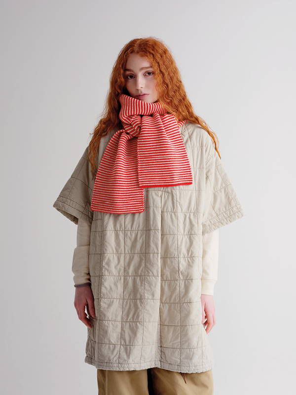 model wears  Large Garter Stitch Scarf Poppy & Oatmeal