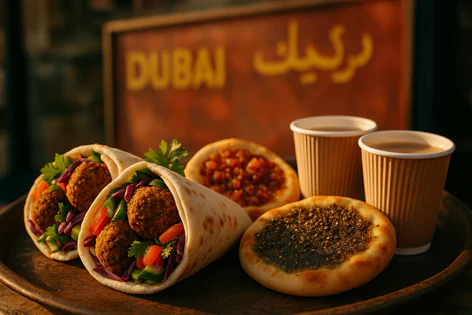 Two delicious falafel wraps filled with vegetables, two traditional Middle Eastern flatbreads, and two cups of coffee on a tray, with a blurred sign saying Dubai in the background.