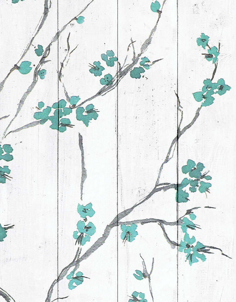 Teal & White Shabby Chic Cherry Blossom Wallpaper pattern image