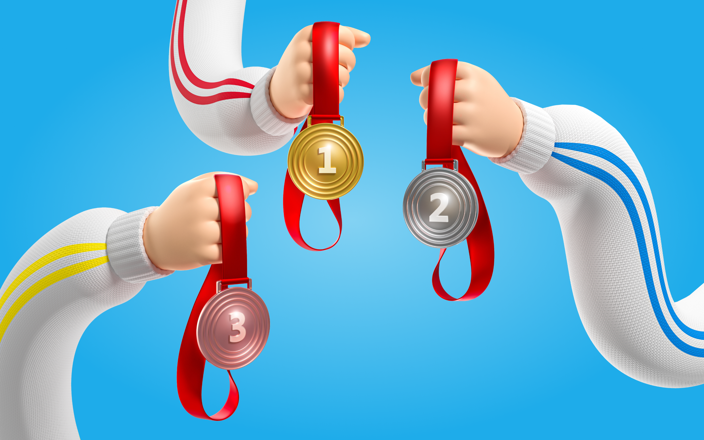 3 hands in sporty tracksuits holding gold, silver, and bronze olympic medals (preview)