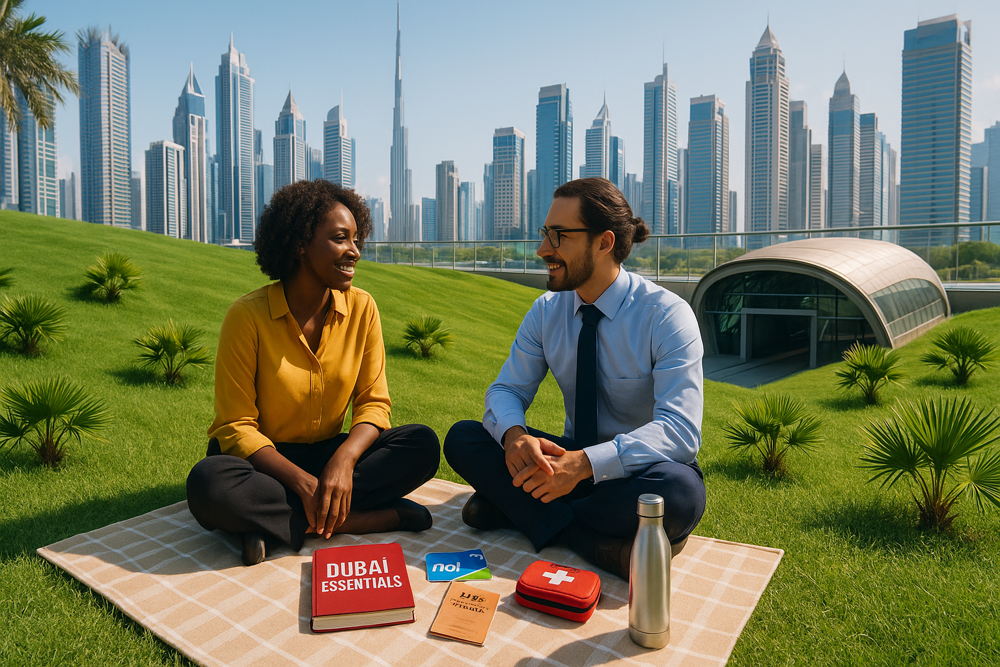Two people picnic on a grassy hill overlooking Dubai skyline. Blanket shows 'Dubai Essentials' book, travel cards, first aid kit, and water bottle.