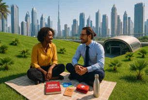 Two people picnic on a grassy hill overlooking Dubai skyline. Blanket shows 'Dubai Essentials' book, travel cards, first aid kit, and water bottle.