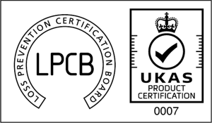 Logos for the Loss Prevention Certification Board (LPCB) and UKAS Product Certification. The LPCB logo is a circle with LPCB inside. The UKAS logo features a crown, a check mark, and the number 0007.