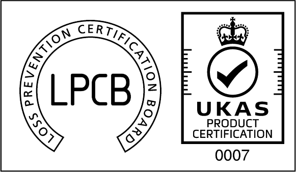 Logos for the Loss Prevention Certification Board (LPCB) and UKAS Product Certification. The LPCB logo is a circle with LPCB inside. The UKAS logo features a crown, a check mark, and the number 0007.