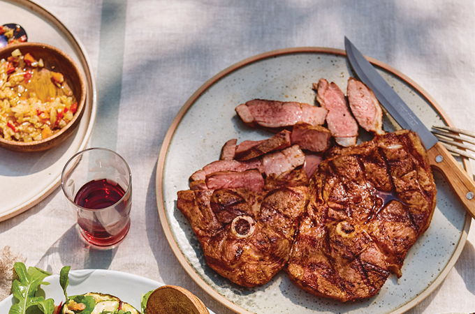 Harissa Grilled Lamb with Grilled Vegetable Salad