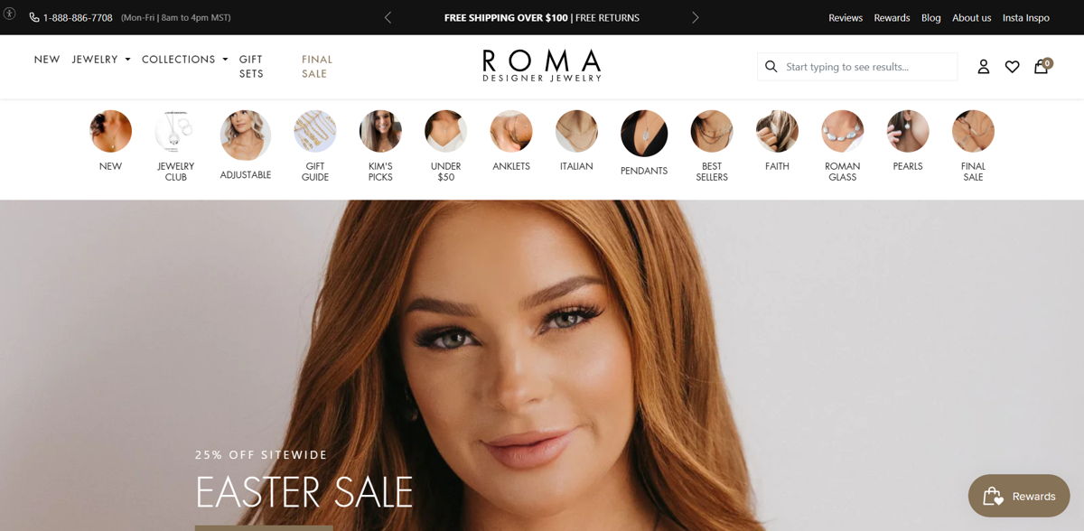 Screenshot of Roma Designer Jewelry, from the shopify jewelry stores collection.