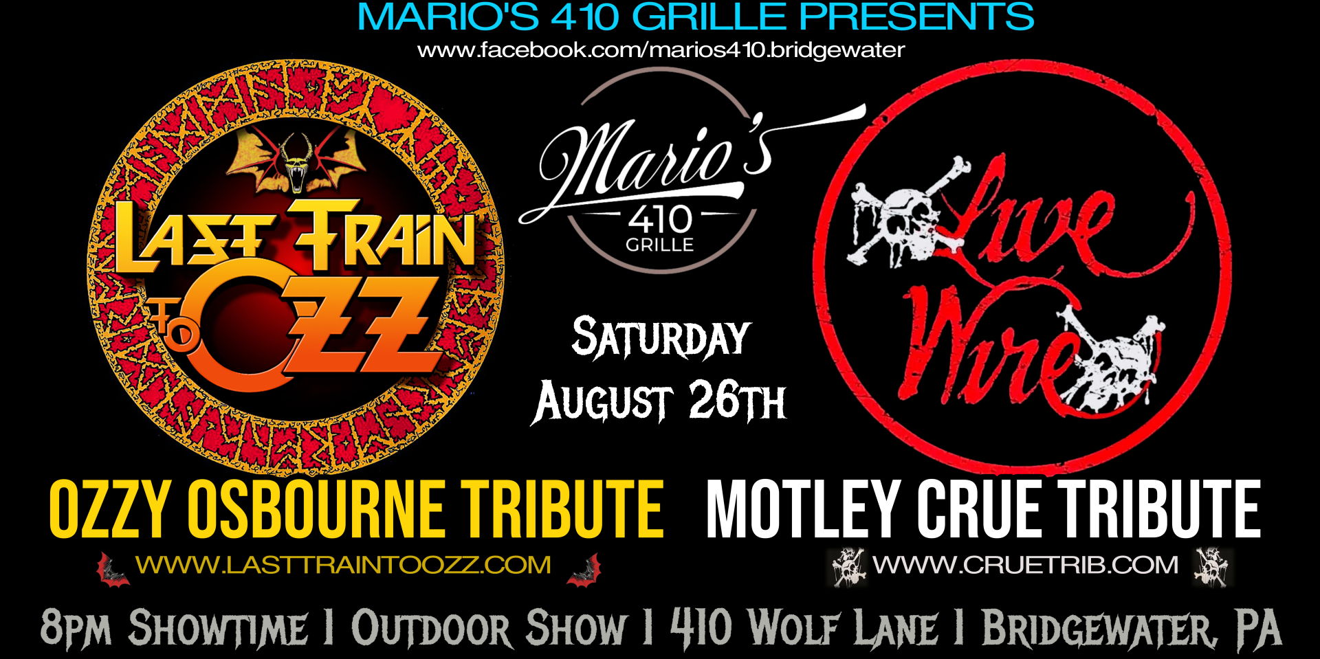 Live Wire- (Motley Crue Tribute) & Last Train to Ozz (Ozzy Tribute) at Mario's 410 Grille! promotional image