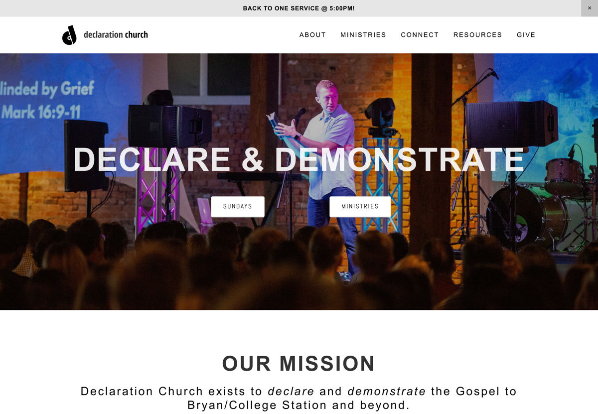 Screenshot of Declaration Church, from the squarespace church websites collection.