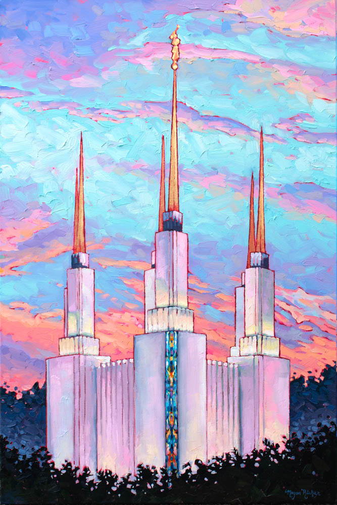 Painting of the Washington DC Temple against a pastel sunset. 