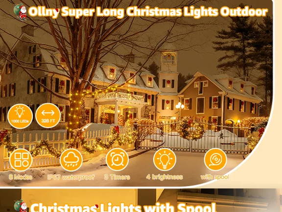 Features of Ollny's 800 leds clear cable cool white string lights - mobile size