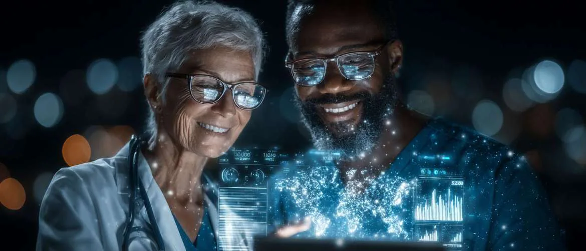 Healthcare professionals using futuristic technology to manage aging population care