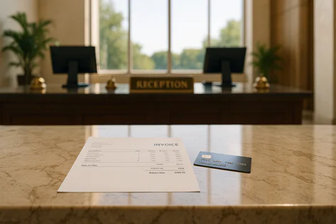 Close-up view of an invoice document and a black credit card placed on a shiny marble counter at a hotel or office reception desk.