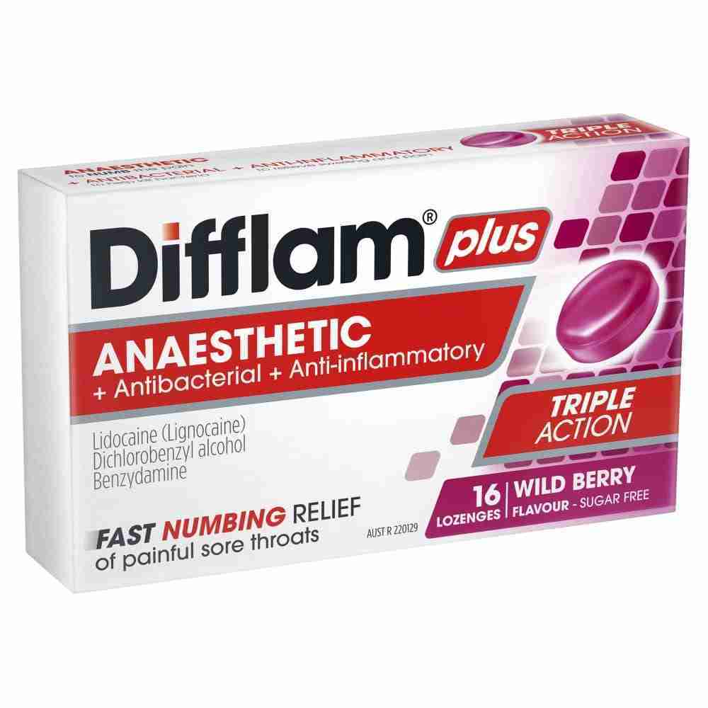 Difflam Plus Anaesthetic Sore Throat Lozenges Berry Flavour 16S - Image 2