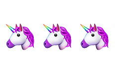 3 unicorn head emojis with purple mane.