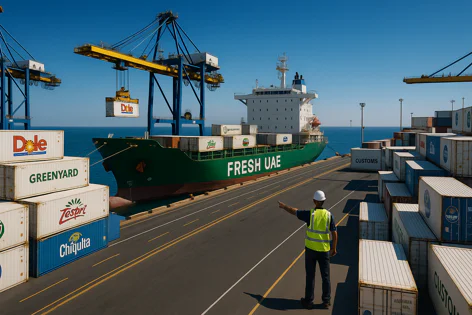 Large cargo ship at a busy port with cranes loading containers. Stacked containers labeled Dole, Chiquita, Greenyard line the dock. A port worker points.
