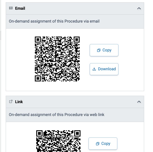 Email and Link panels with QR codes and Copy and Download buttons