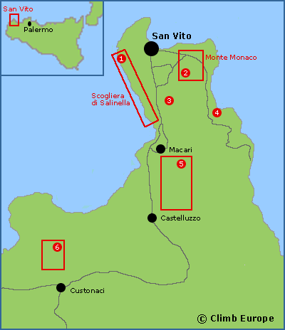 Map of the rock climbing areas around San Vito