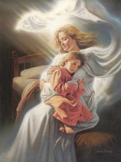 An angel sitting on a bed holding a little girl. 