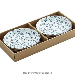 Gegong 4 Pack 8 inch Blue and White Porcelain Serving Plates Gift Box Floral Dinner Shallow Plates Appetizer Salad Dessert Snack Plate (Tang Grass)