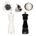 A black and white grinder set for salt and pepper, showing also a funnel to fill them