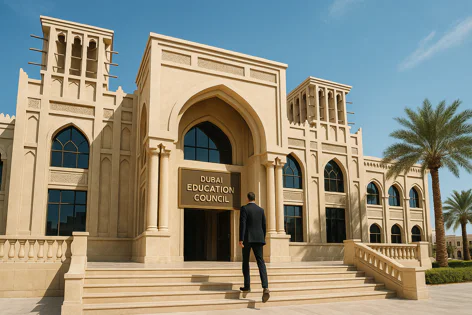 Man walks up stairs to Dubai Education Council building. Traditional Arabic architecture includes arches, columns, and wind towers under clear sky.