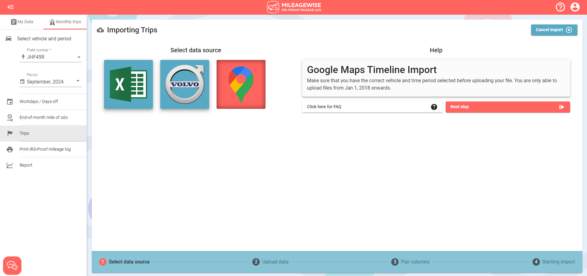 mileage log trip import