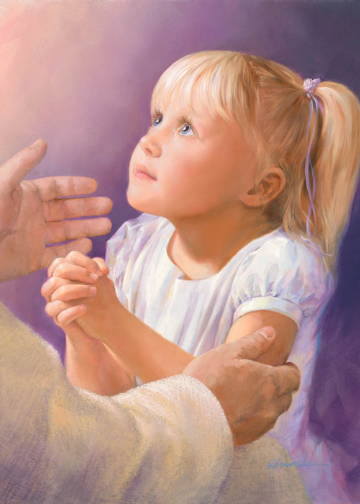 A blonde little girl kneeling at Jesus' knee. 