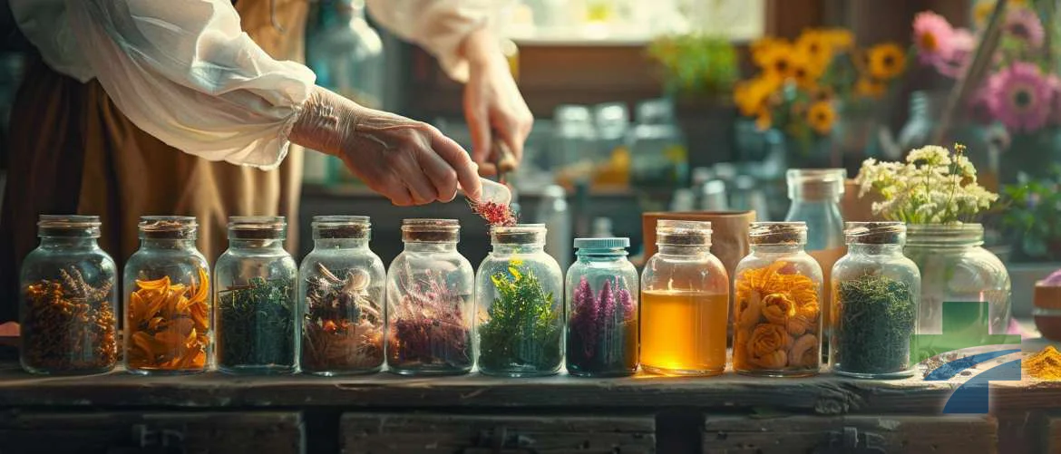 A modern, rustic laboratory blending traditional herbs with high-tech medicine.