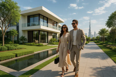 A well-dressed couple walks along a pathway next to a modern luxury villa with a water feature and manicured garden, set against the Dubai skyline including the Burj Khalifa.