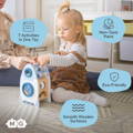 Infographic showcasing benefits of the Montessori Learning Rocket toy and a little girl playing with it. 