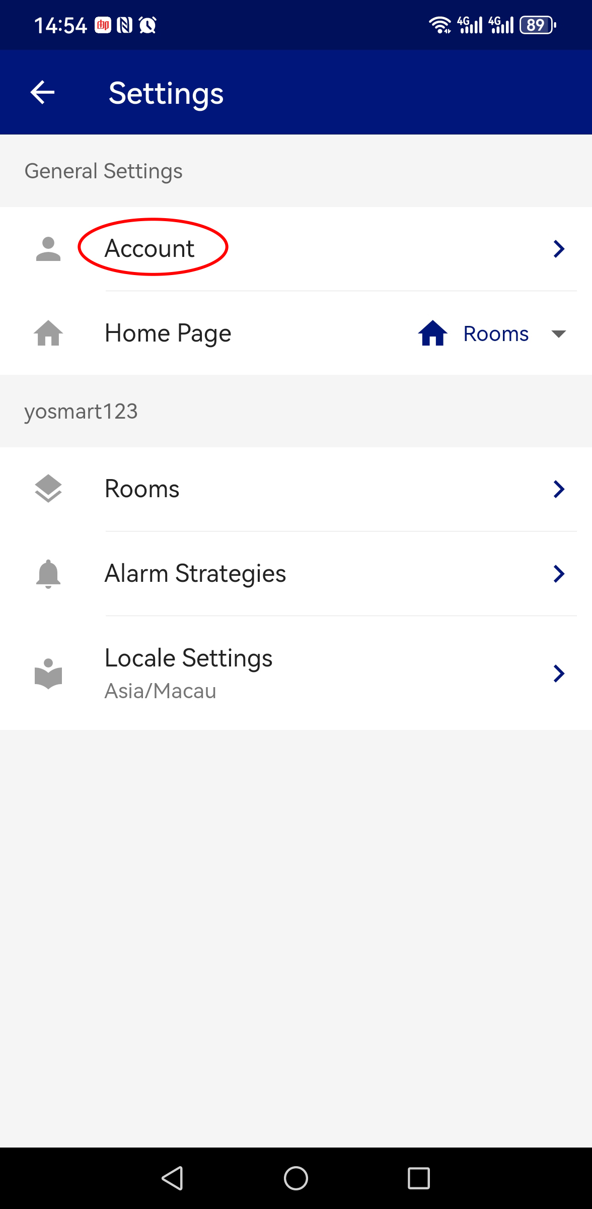 Settings screen with general options. Tap Account to open account settings.